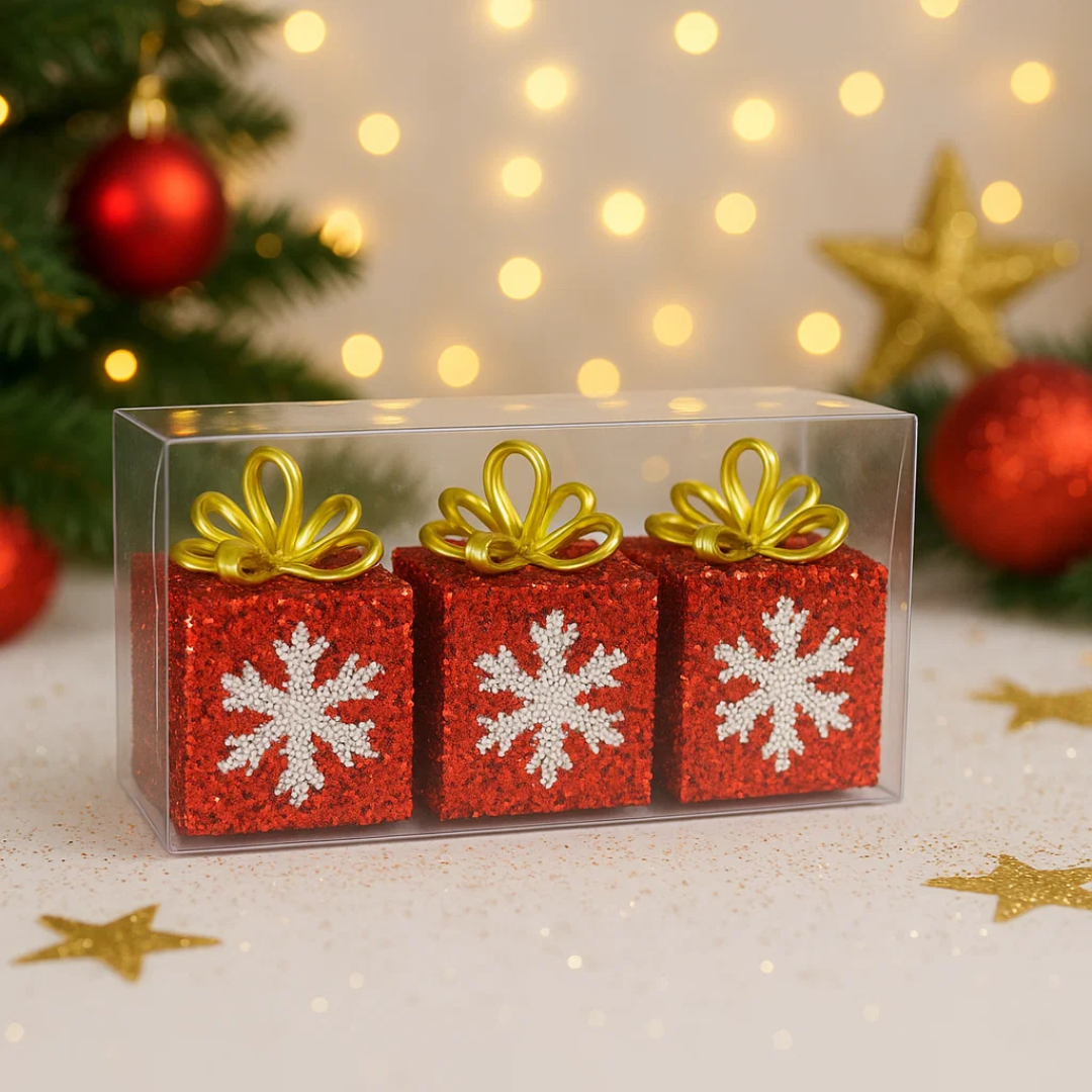 Christmas Gift Box with Red Glitter & Snowflakes - Set of 3