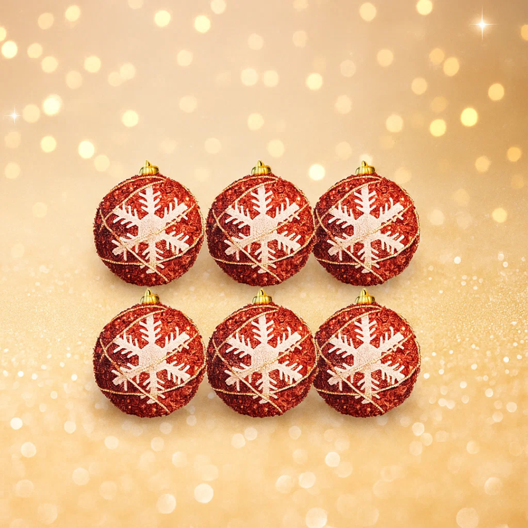 Christmas Red Glitter Balls with White Snowflakes - 6PC