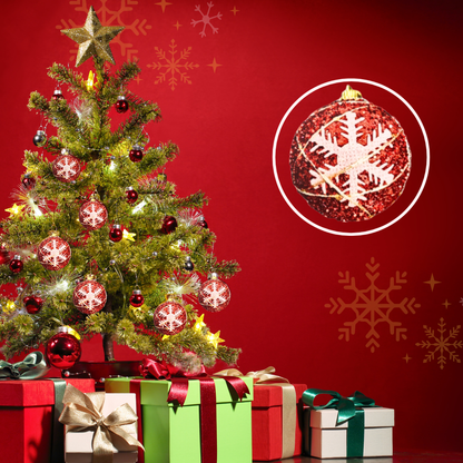 Christmas Red Glitter Balls with White Snowflakes - 6PC