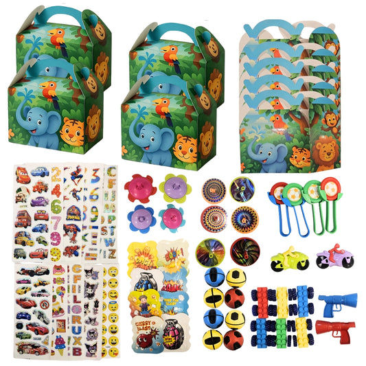 Jungle Animal Theme Treat Boxes w/ Mixed Return Gift Favors Combo Set - 60PC