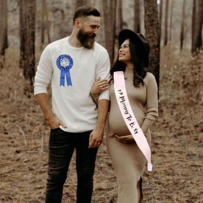 Dad To Be Blue Award Button w/  Mommy To Be  Pink Satin Sash Combo - 2PC