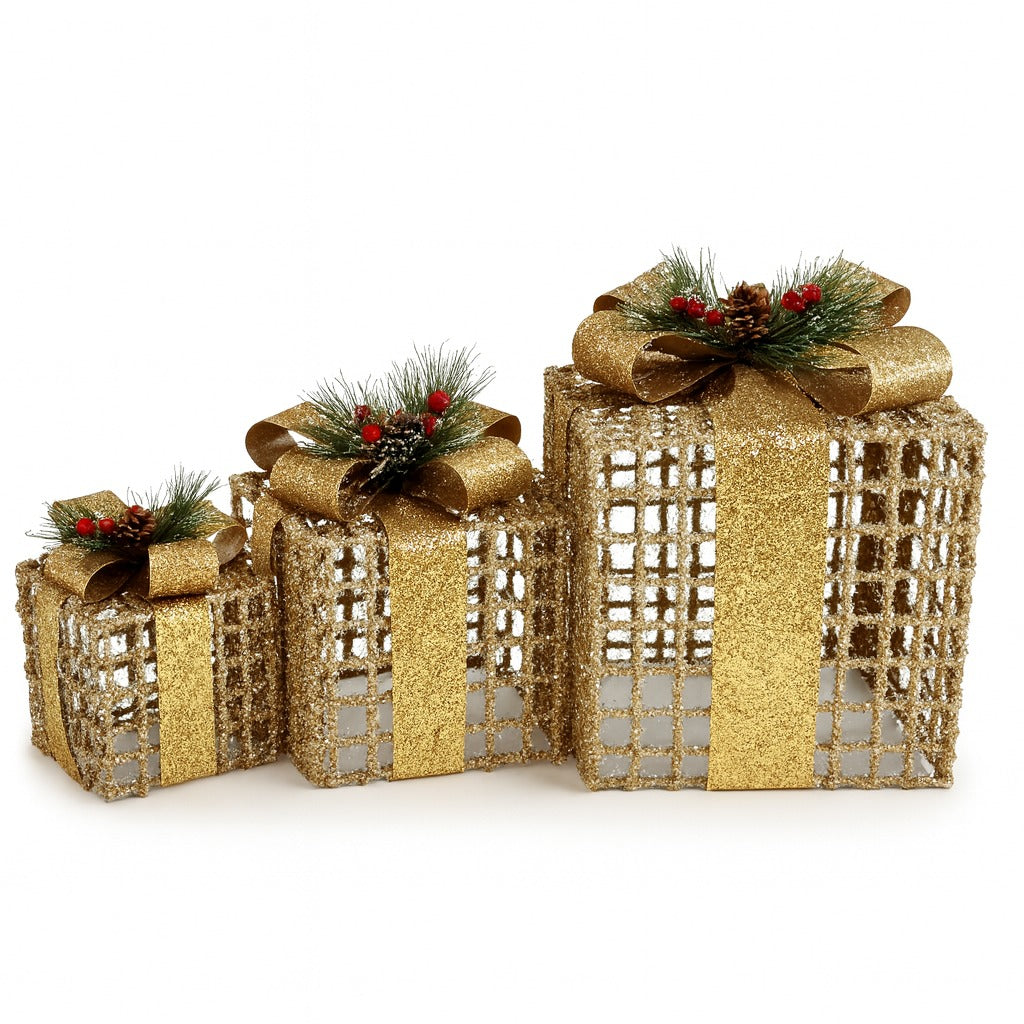 Glitter Wired Boxes with Golden Bow for Christmas Decoration - Set of 3