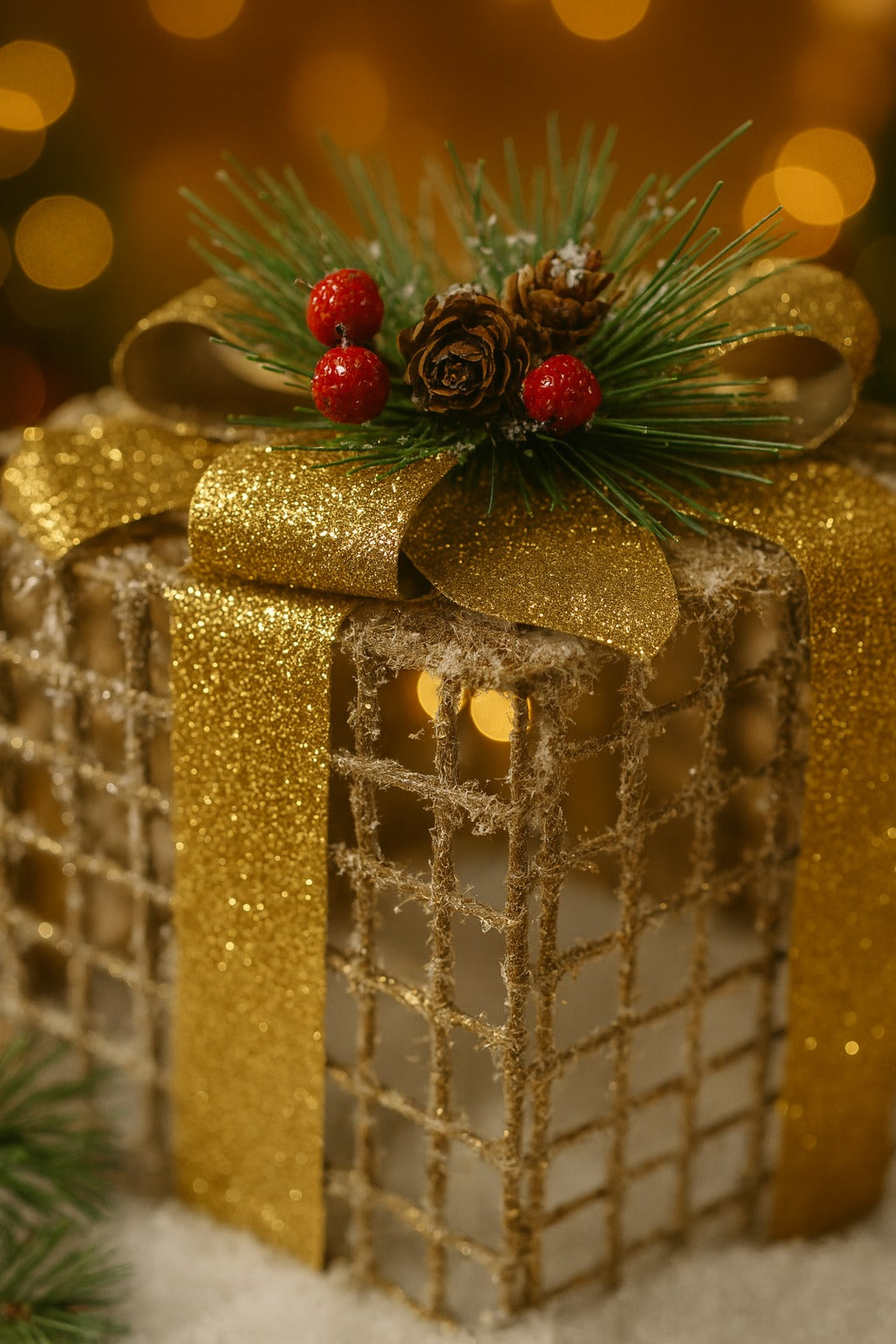 Glitter Wired Boxes with Golden Bow for Christmas Decoration - Set of 3