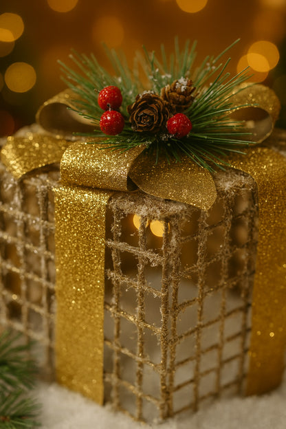 Glitter Wired Boxes with Golden Bow for Christmas Decoration - Set of 3