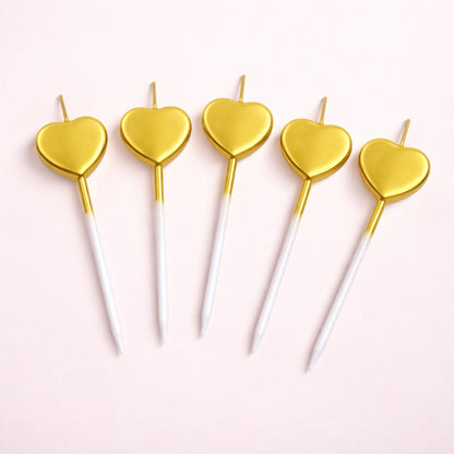 Glossy Golden Heart Shape Candle on Stick - 5PC