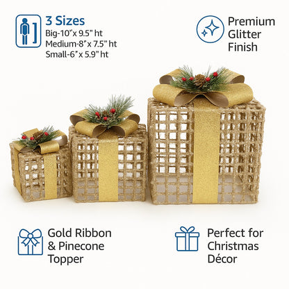Glitter Wired Boxes with Golden Bow for Christmas Decoration - Set of 3