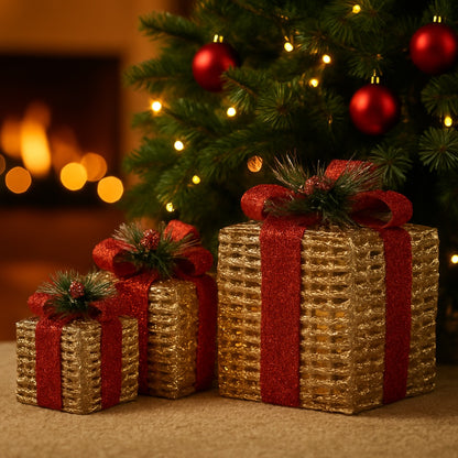 Glitter Wired Boxes with Red Bow for Christmas Decoration - Set of 3