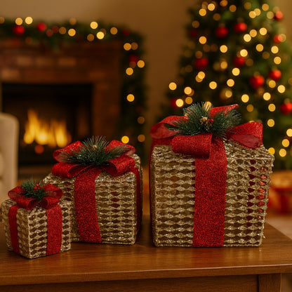 Glitter Wired Boxes with Red Bow for Christmas Decoration - Set of 3