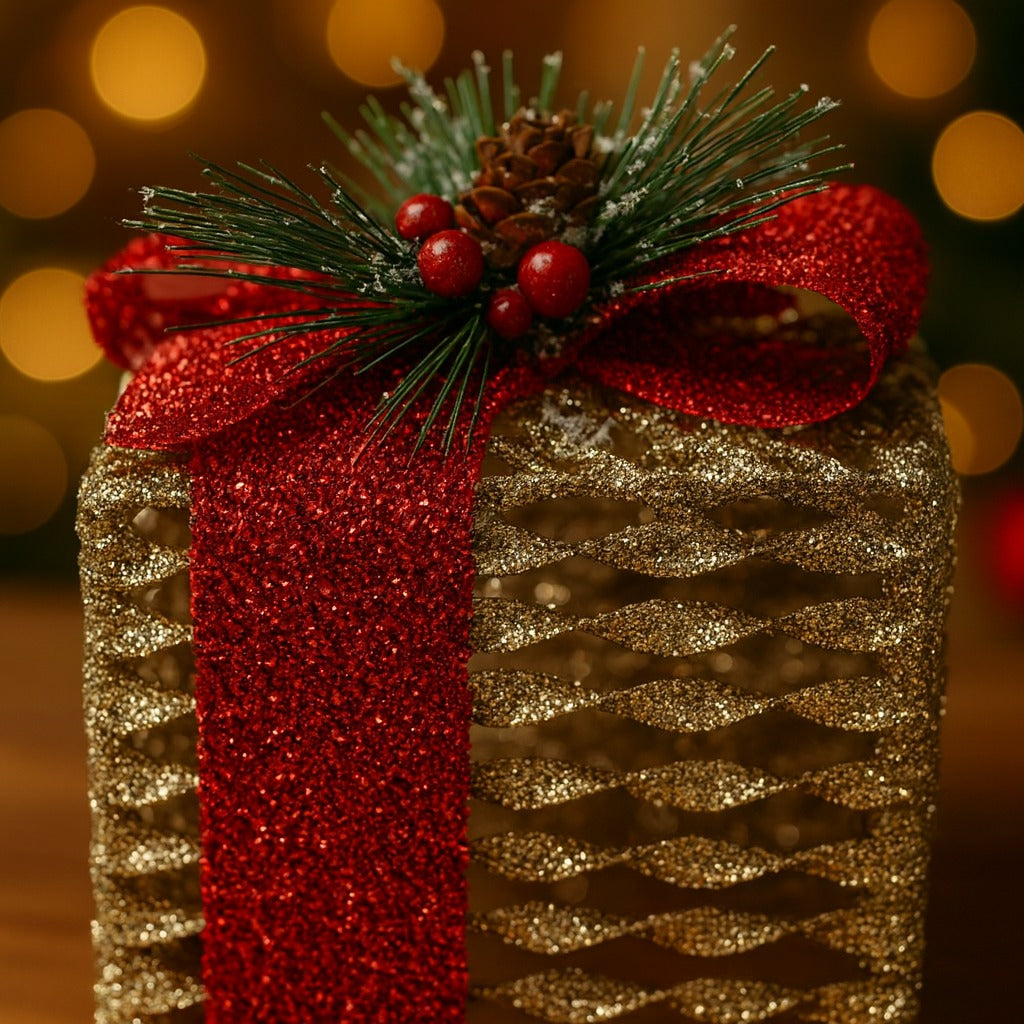 Glitter Wired Boxes with Red Bow for Christmas Decoration - Set of 3