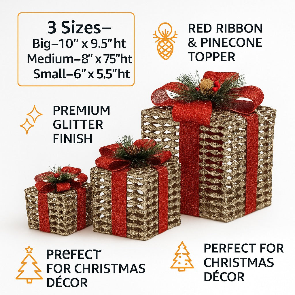 Glitter Wired Boxes with Red Bow for Christmas Decoration - Set of 3