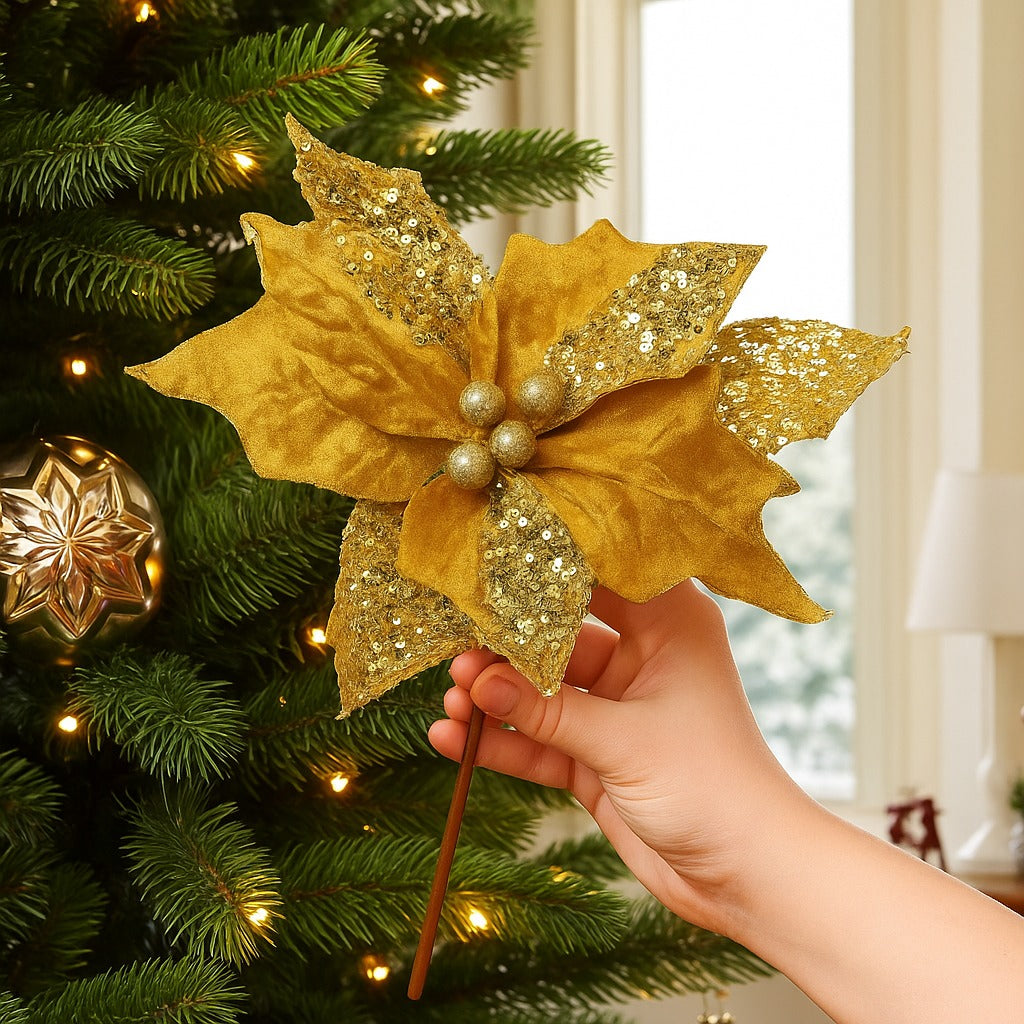Large Golden Poinsettia Leaves with Golden Glitter - 1PC