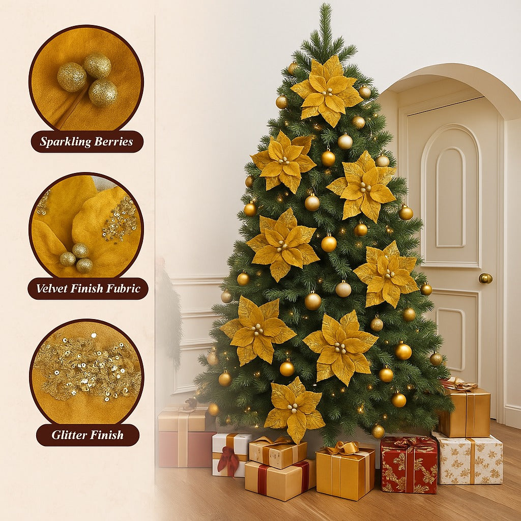 Large Golden Poinsettia Leaves with Golden Glitter - 1PC