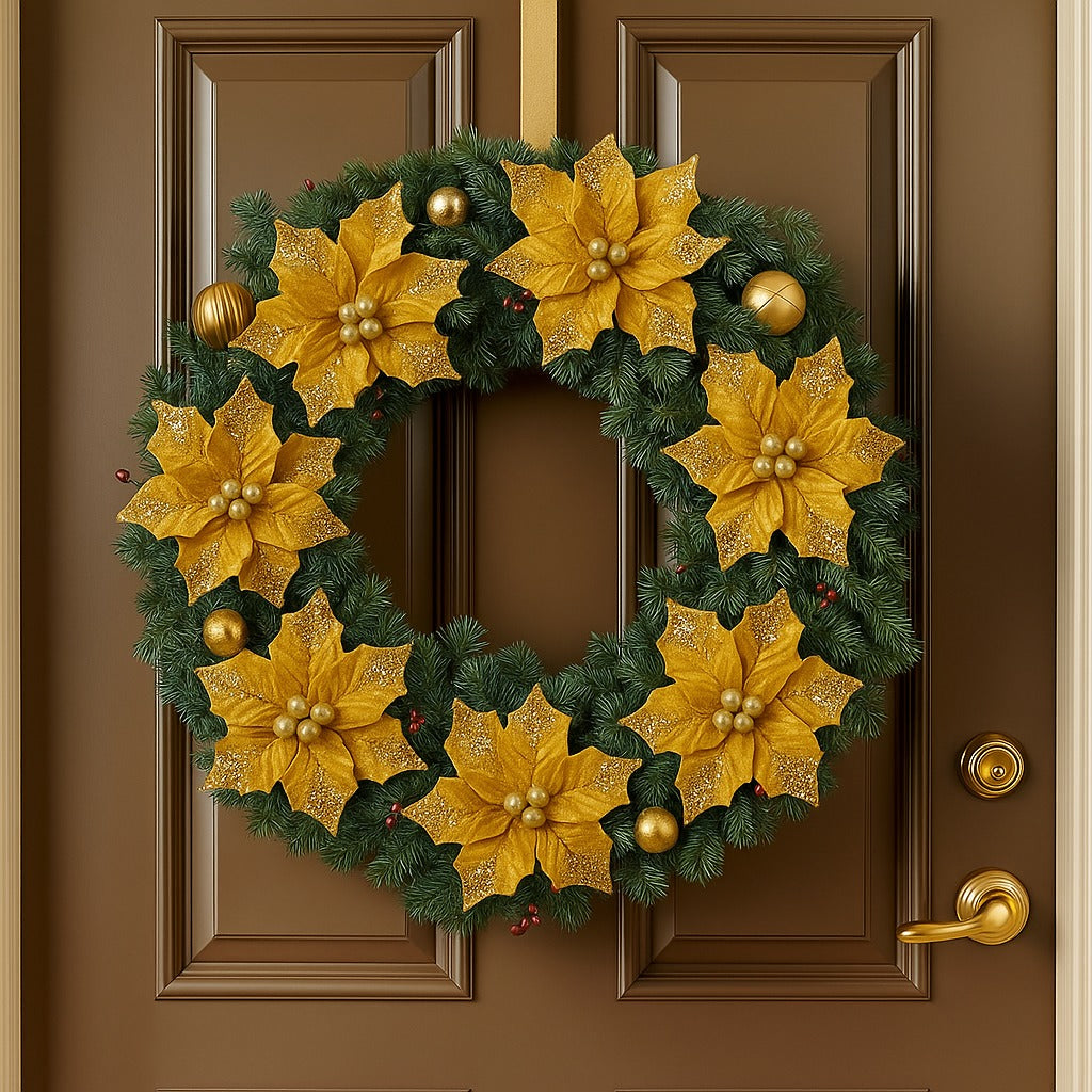 Large Golden Poinsettia Leaves with Golden Glitter - 1PC