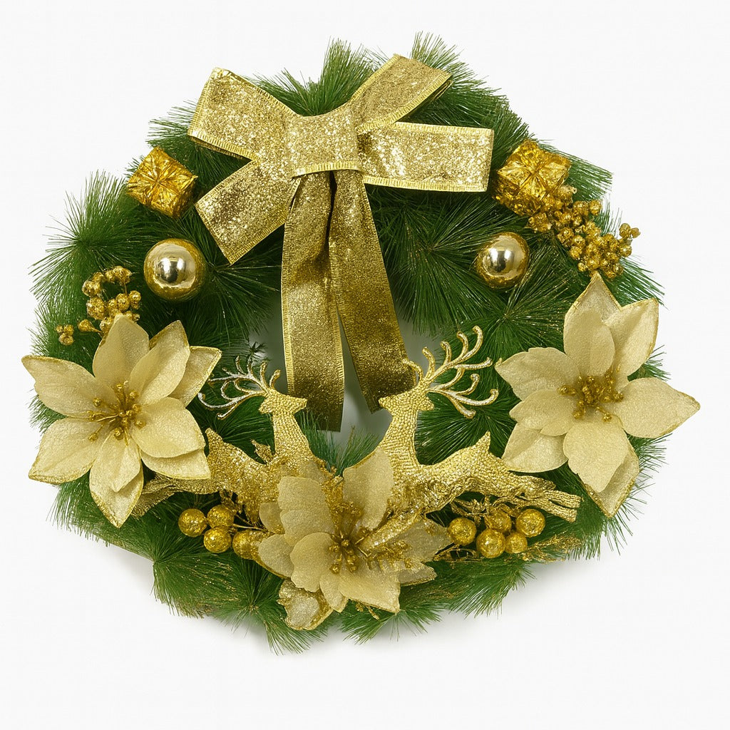 Christmas Wreath Golden w/Reindeer, Cherries, Bells & Bows 18"