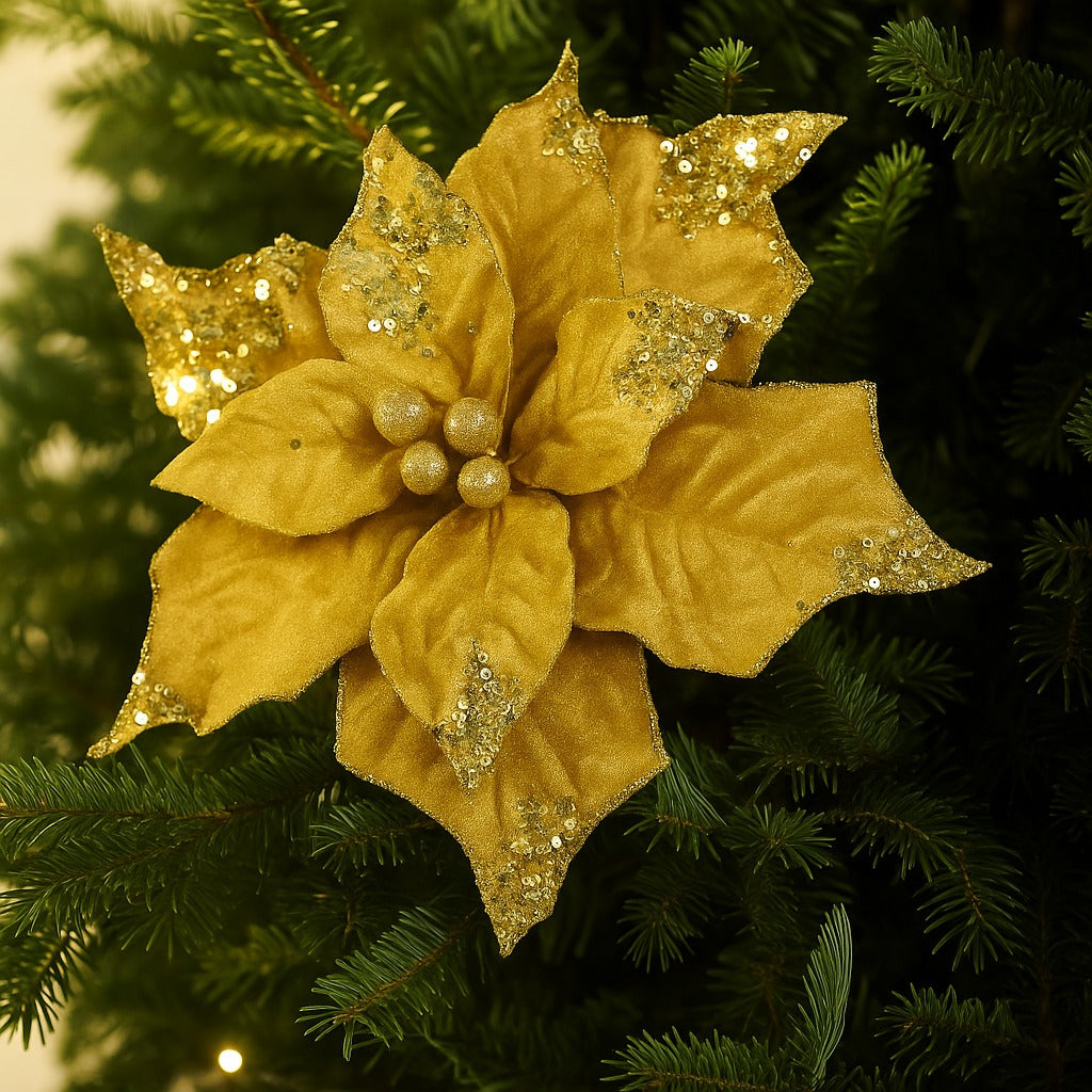 Large Golden Poinsettia Leaves with Golden Glitter - 1PC