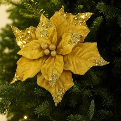 Large Golden Poinsettia Leaves with Golden Glitter - 1PC