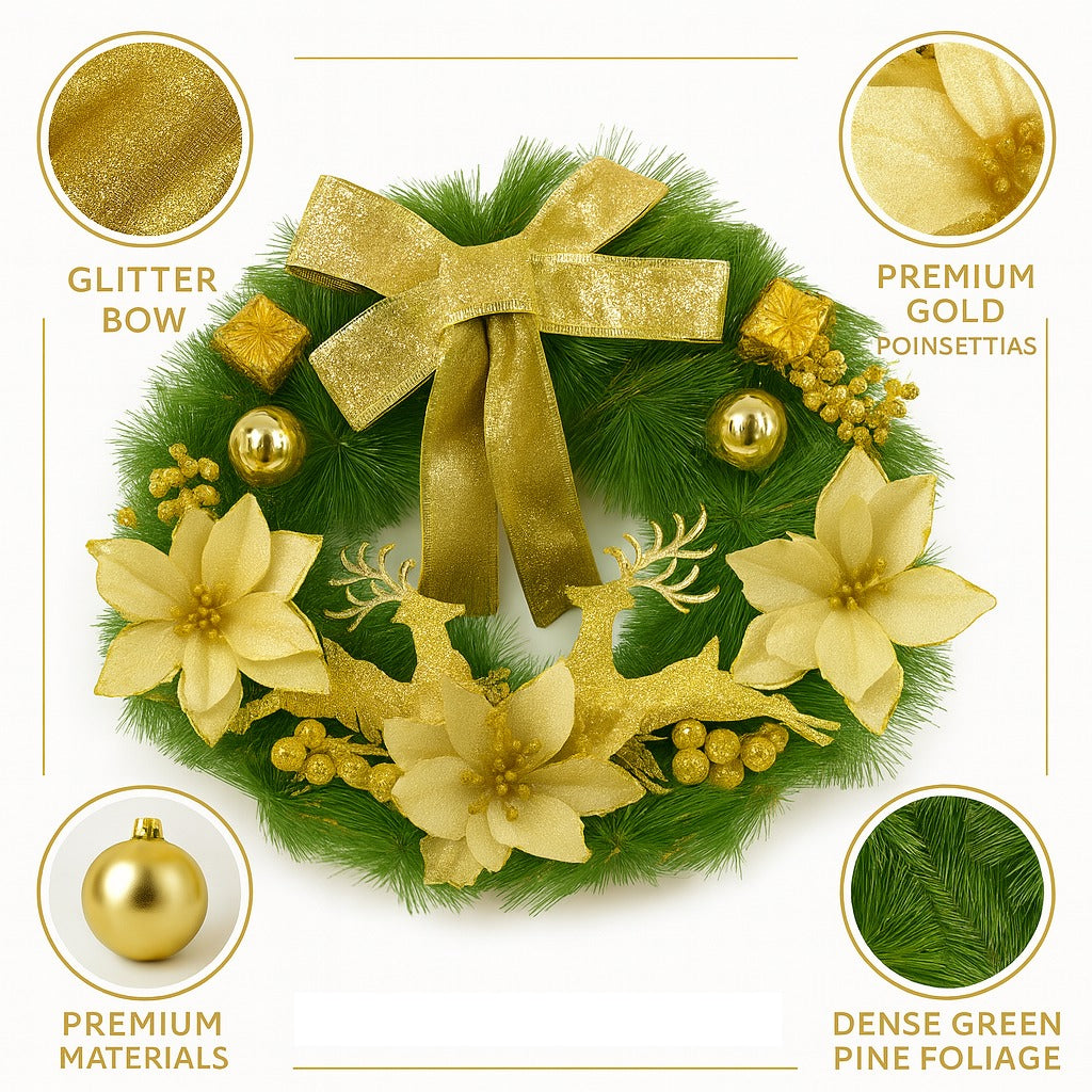 Christmas Wreath Golden w/Reindeer, Cherries, Bells & Bows 18"