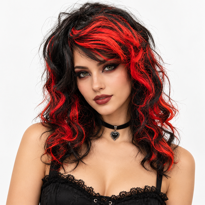 "Black & Red Highlight Body Wave Wig | Long Wavy Cosplay Wig for Halloween, Fancy Dress & Theme Parties  "