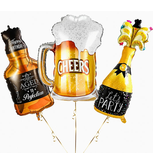 Supershape Drinking Theme Foil Balloon Set of 3 for Celebration Decoration | Let’s Party, Aged to Perfection & Beer Mug Balloons