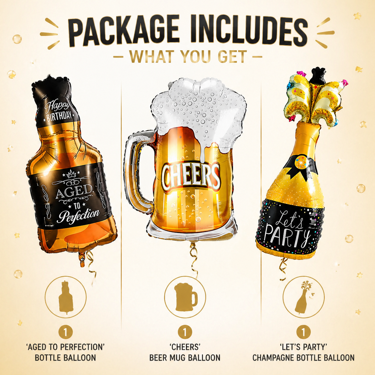 Supershape Drinking Theme Foil Balloon Set of 3 for Celebration Decoration | Let’s Party, Aged to Perfection & Beer Mug Balloons