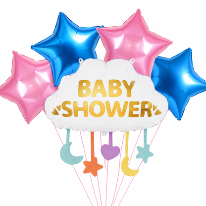 Baby Shower Cloud Shaped Helium Balloon Set of 5 (Supershape Cloud + 2 Gold Star + 2 Silver Star Balloons) | Pre-Inflated & Delivered | Baby Shower Decoration