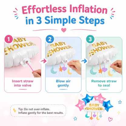 Baby Shower Cloud Shaped Helium Balloon Set of 5 (Supershape Cloud + 2 Gold Star + 2 Silver Star Balloons) | Pre-Inflated & Delivered | Baby Shower Decoration