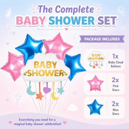 Baby Shower Cloud Shaped Helium Balloon Set of 5 (Supershape Cloud + 2 Gold Star + 2 Silver Star Balloons) | Pre-Inflated & Delivered | Baby Shower Decoration
