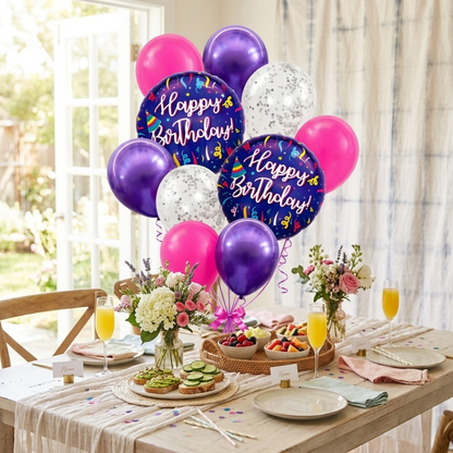 Happy Birthday Purple Fireworks Foil Balloon Set of 10 for Decoration | 2 Purple 18 Inch Foil Balloons + 3 Purple + 3 Hot Pink + 2 Silver Confetti Balloons