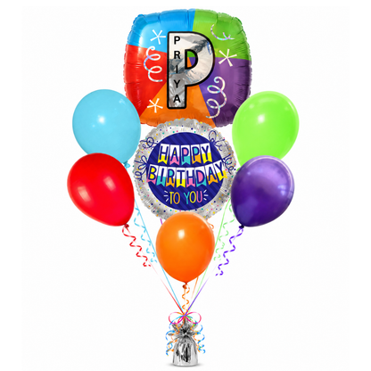 Alphabet "P" Printed Square Shaped Balloon with Customized Name Balloon Bouquet Set of 7PC | Helium Filled & Delivers Inflated