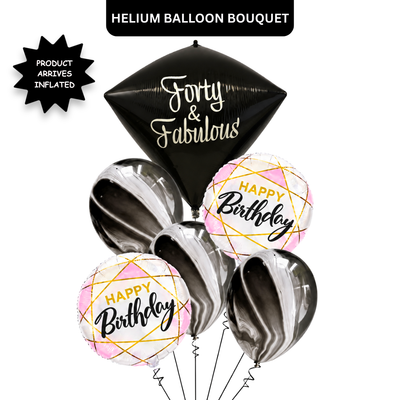 40th Birthday Dimaond Shape Balloon Bouquet with Marble Print Ballons and Happy Birthday Foil - Set of 6PC | Helium Filled & Delivers Inflated