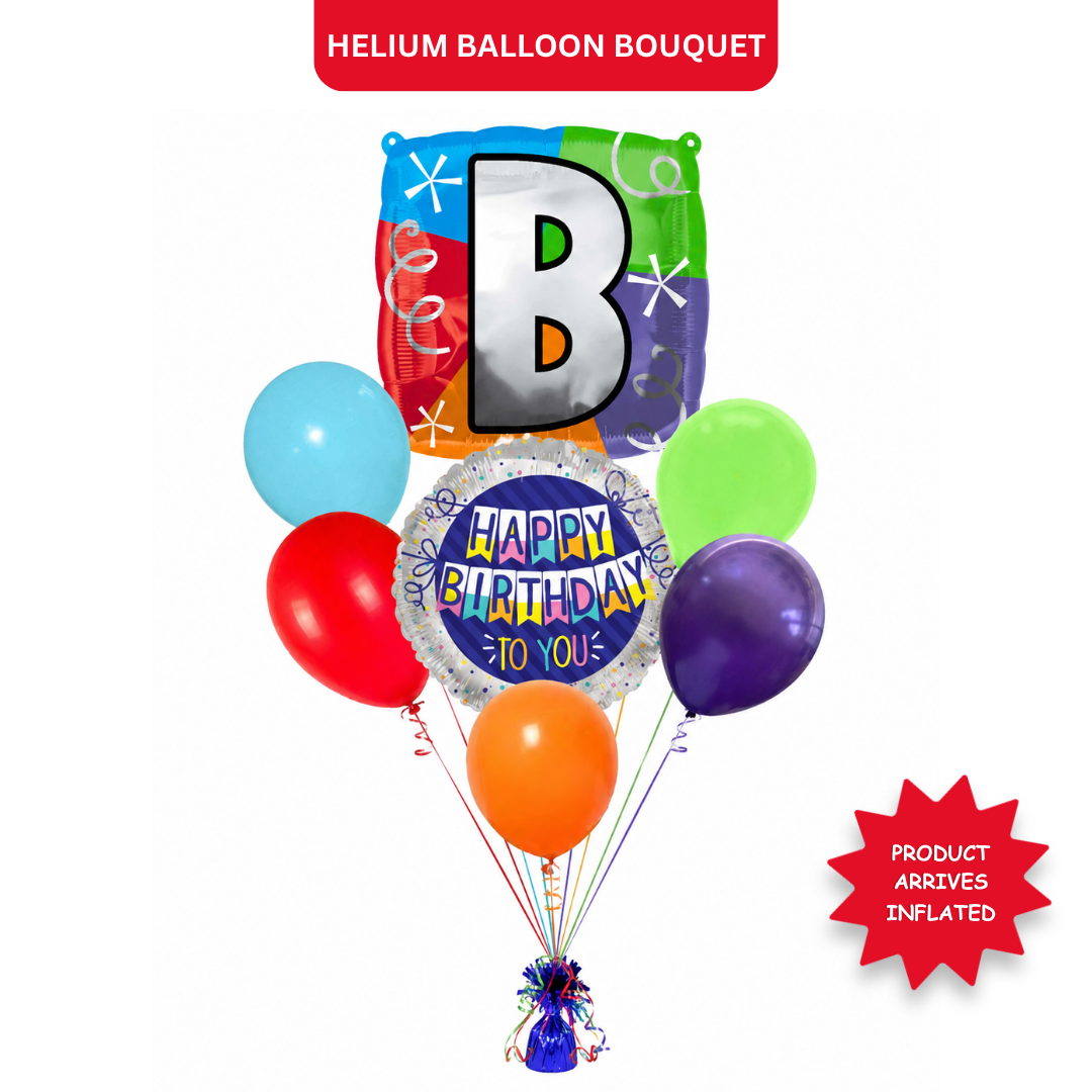 Customizable Alphabet "B" Square Shaped Balloon with Customized Name Stickers Bouquet Set of 7PC | Customizable Name Inital Balloons| Choose Your Name | Helium Filled & Delivers Inflated