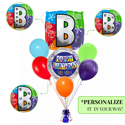 Customizable Alphabet "B" Square Shaped Balloon with Customized Name Stickers Bouquet Set of 7PC | Customizable Name Inital Balloons| Choose Your Name | Helium Filled & Delivers Inflated