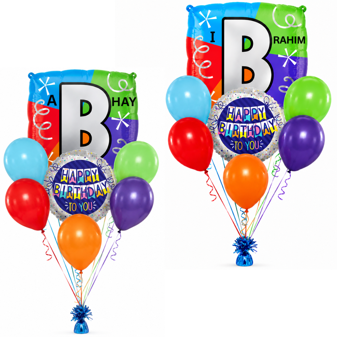 Customizable Alphabet "B" Square Shaped Balloon with Customized Name Stickers Bouquet Set of 7PC | Customizable Name Inital Balloons| Choose Your Name | Helium Filled & Delivers Inflated