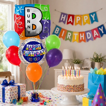 Customizable Alphabet "B" Square Shaped Balloon with Customized Name Stickers Bouquet Set of 7PC | Customizable Name Inital Balloons| Choose Your Name | Helium Filled & Delivers Inflated