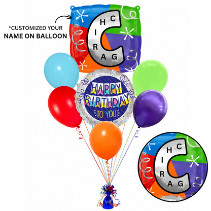Customizable Alphabet "C" Square Shaped Balloon with Customized Name Stickers Bouquet Set of 7PC | Customizable Name Inital Balloons| Choose Your Name | Helium Filled & Delivers Inflated