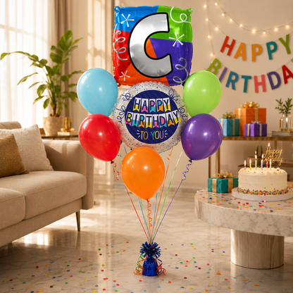 Customizable Alphabet "C" Square Shaped Balloon with Customized Name Stickers Bouquet Set of 7PC | Customizable Name Inital Balloons| Choose Your Name | Helium Filled & Delivers Inflated