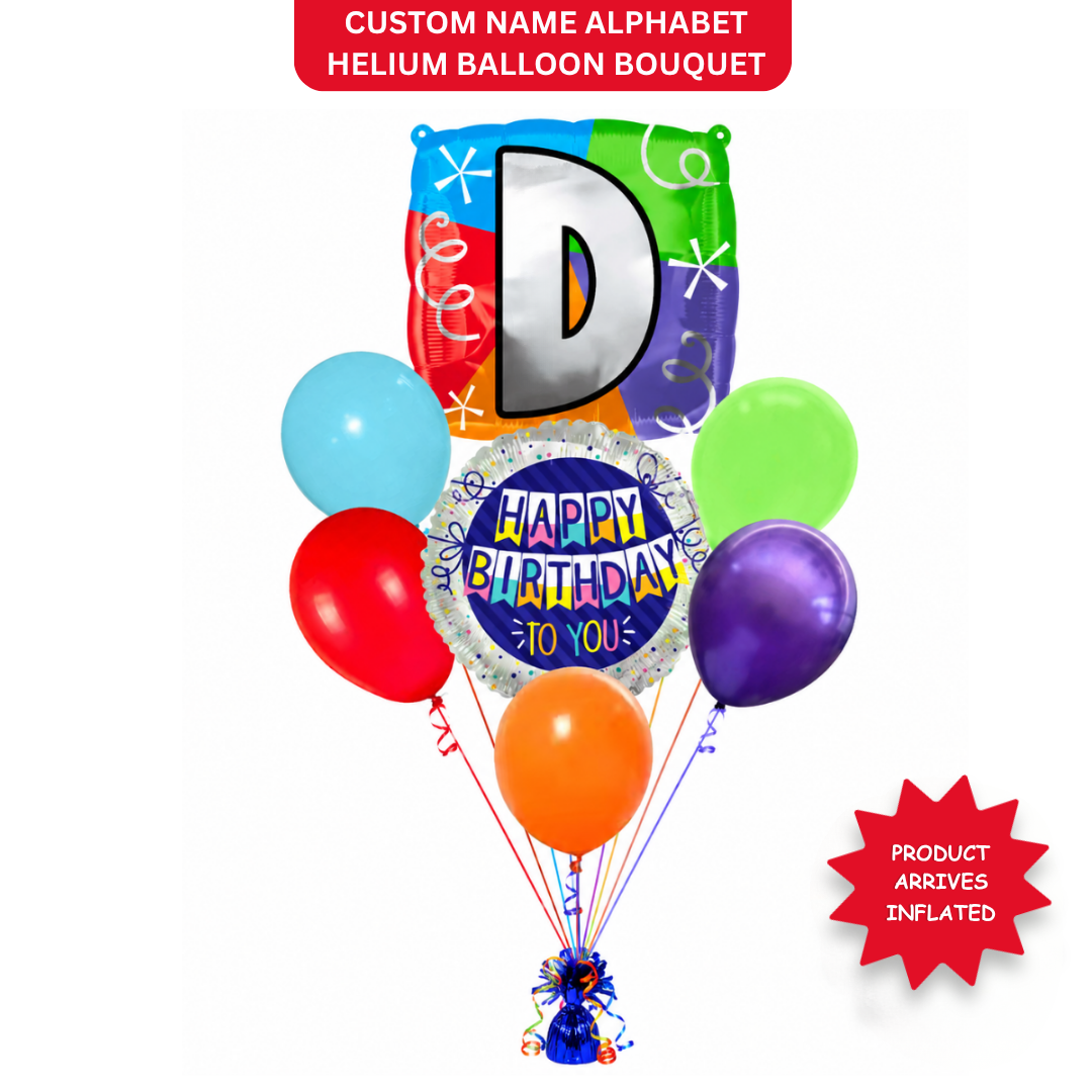 Customizable Alphabet "D" Square Shaped Balloon with Customized Name Stickers Bouquet Set of 7PC | Customizable Name Inital Balloons| Choose Your Name | Helium Filled & Delivers Inflated