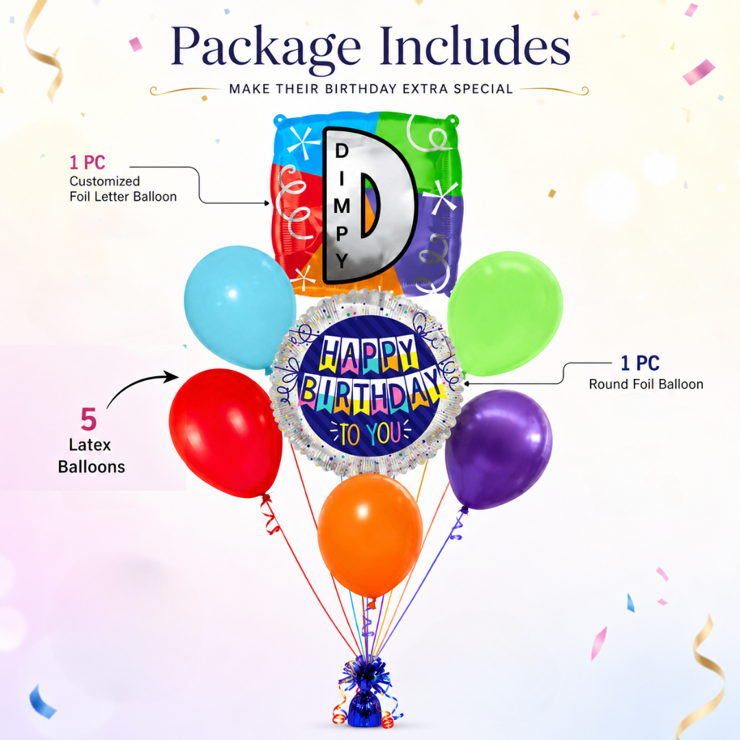 Customizable Alphabet "D" Square Shaped Balloon with Customized Name Stickers Bouquet Set of 7PC | Customizable Name Inital Balloons| Choose Your Name | Helium Filled & Delivers Inflated