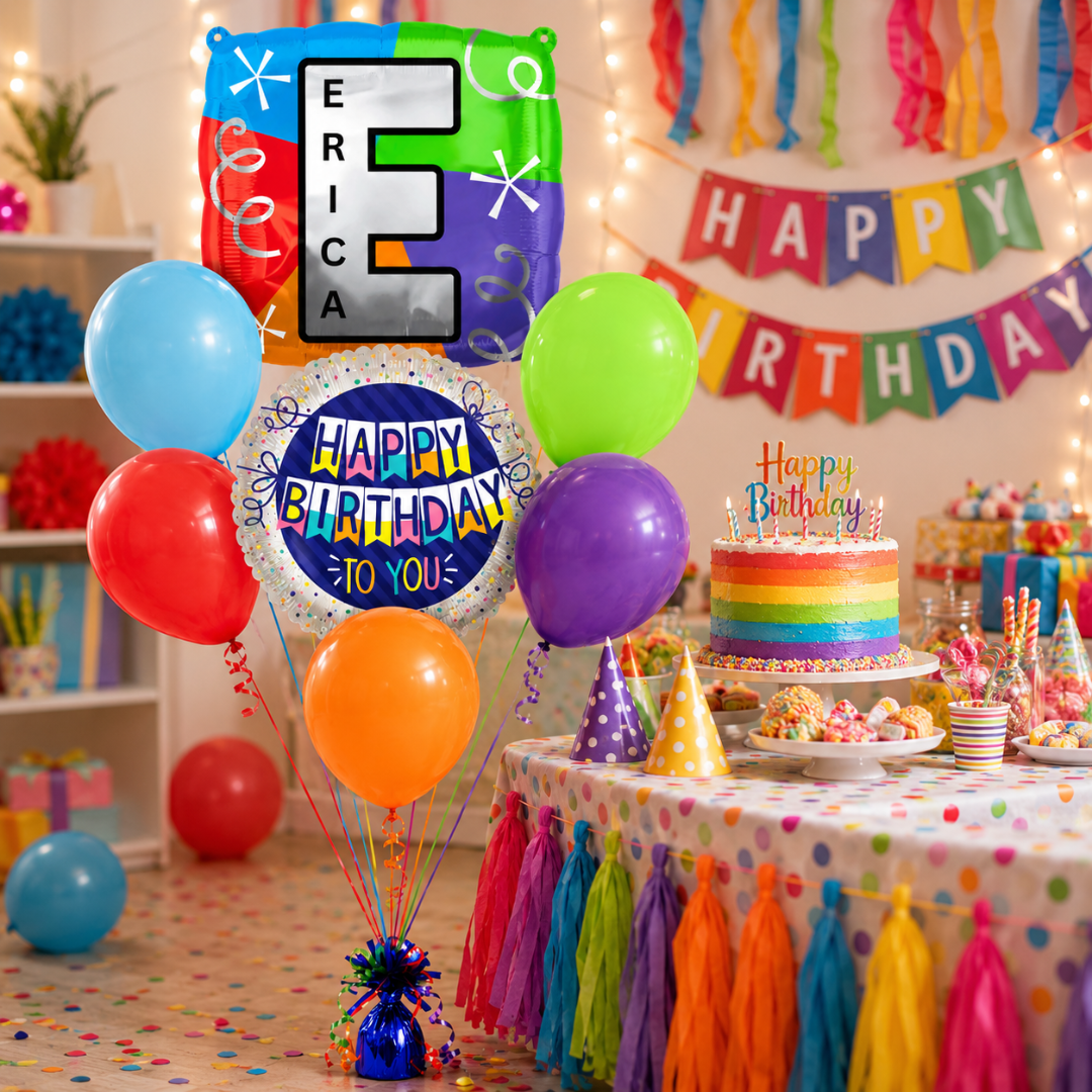 Customizable Alphabet "E" Square Shaped Balloon with Customized Name Stickers Bouquet Set of 7PC | Customizable Name Inital Balloons| Choose Your Name | Helium Filled & Delivers Inflated