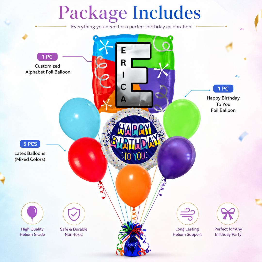 Customizable Alphabet "E" Square Shaped Balloon with Customized Name Stickers Bouquet Set of 7PC | Customizable Name Inital Balloons| Choose Your Name | Helium Filled & Delivers Inflated