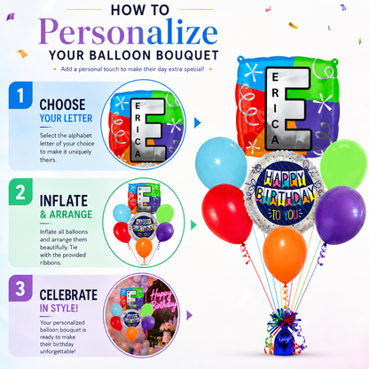 Customizable Alphabet "E" Square Shaped Balloon with Customized Name Stickers Bouquet Set of 7PC | Customizable Name Inital Balloons| Choose Your Name | Helium Filled & Delivers Inflated