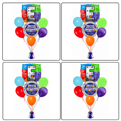 Customizable Alphabet "E" Square Shaped Balloon with Customized Name Stickers Bouquet Set of 7PC | Customizable Name Inital Balloons| Choose Your Name | Helium Filled & Delivers Inflated