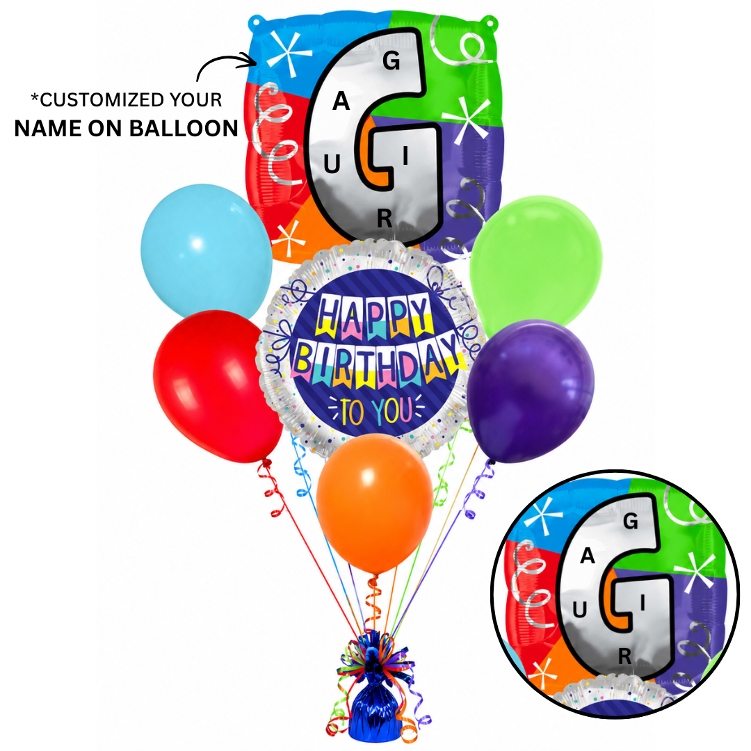 Customizable Alphabet "G" Square Shaped Balloon with Customized Name Stickers Bouquet Set of 7PC | Customizable Name Inital Balloons| Choose Your Name | Helium Filled & Delivers Inflated