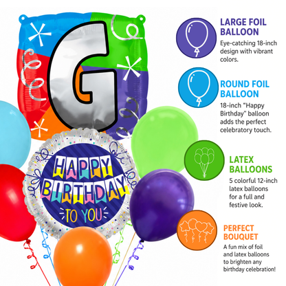 Customizable Alphabet "G" Square Shaped Balloon with Customized Name Stickers Bouquet Set of 7PC | Customizable Name Inital Balloons| Choose Your Name | Helium Filled & Delivers Inflated