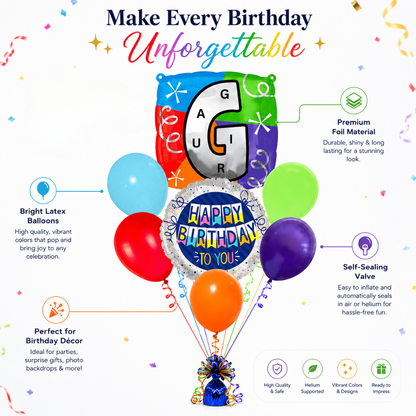 Customizable Alphabet "G" Square Shaped Balloon with Customized Name Stickers Bouquet Set of 7PC | Customizable Name Inital Balloons| Choose Your Name | Helium Filled & Delivers Inflated