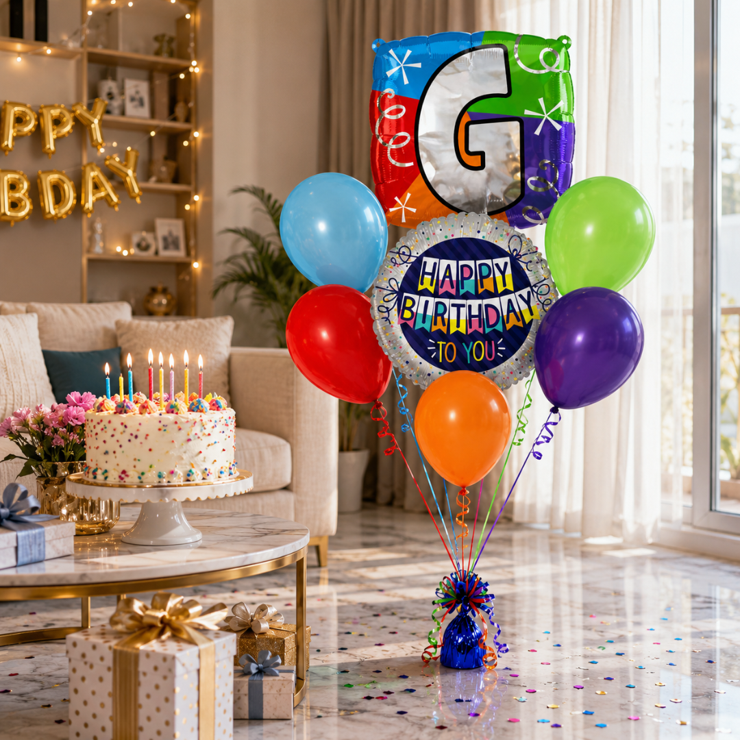 Customizable Alphabet "G" Square Shaped Balloon with Customized Name Stickers Bouquet Set of 7PC | Customizable Name Inital Balloons| Choose Your Name | Helium Filled & Delivers Inflated