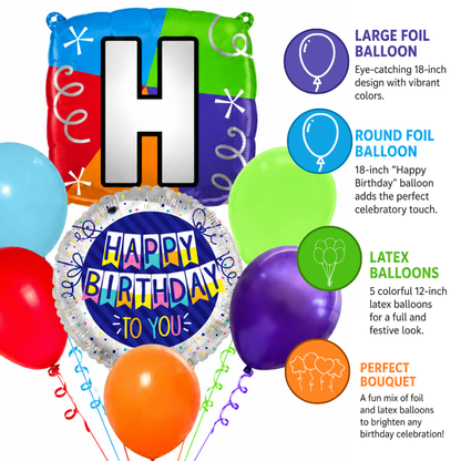 Customizable Alphabet "H" Square Shaped Balloon with Customized Name Stickers Bouquet Set of 7PC | Customizable Name Inital Balloons| Choose Your Name | Helium Filled & Delivers Inflated