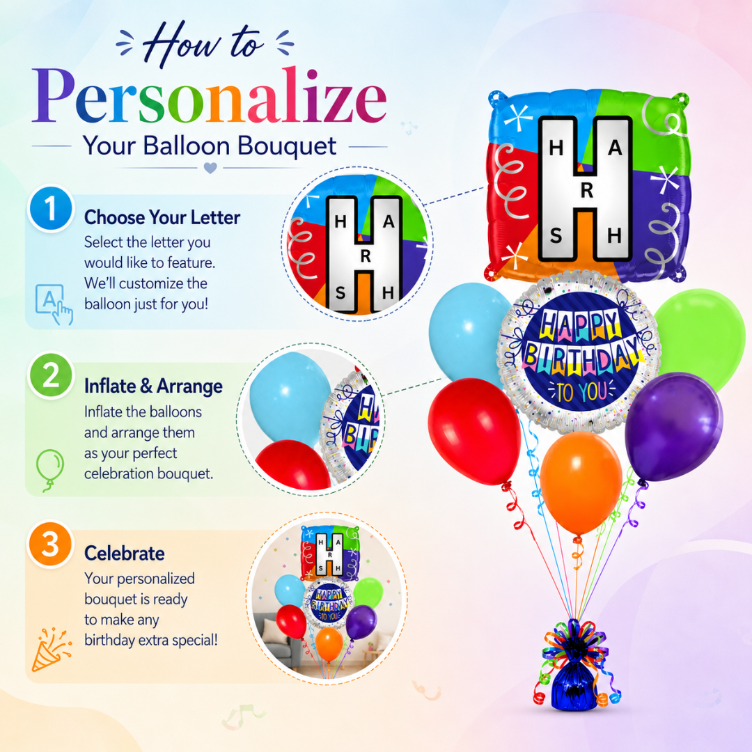 Customizable Alphabet "H" Square Shaped Balloon with Customized Name Stickers Bouquet Set of 7PC | Customizable Name Inital Balloons| Choose Your Name | Helium Filled & Delivers Inflated