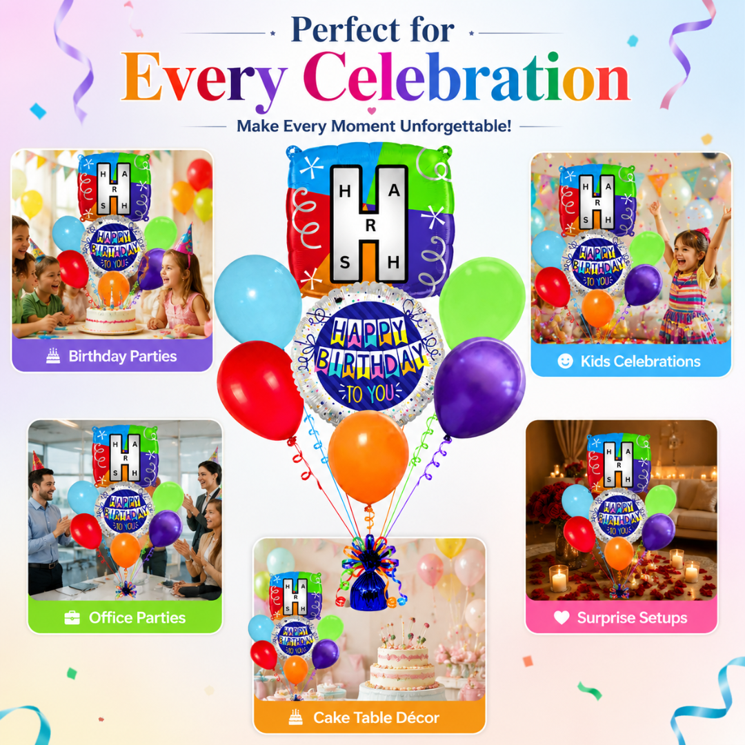 Customizable Alphabet "H" Square Shaped Balloon with Customized Name Stickers Bouquet Set of 7PC | Customizable Name Inital Balloons| Choose Your Name | Helium Filled & Delivers Inflated