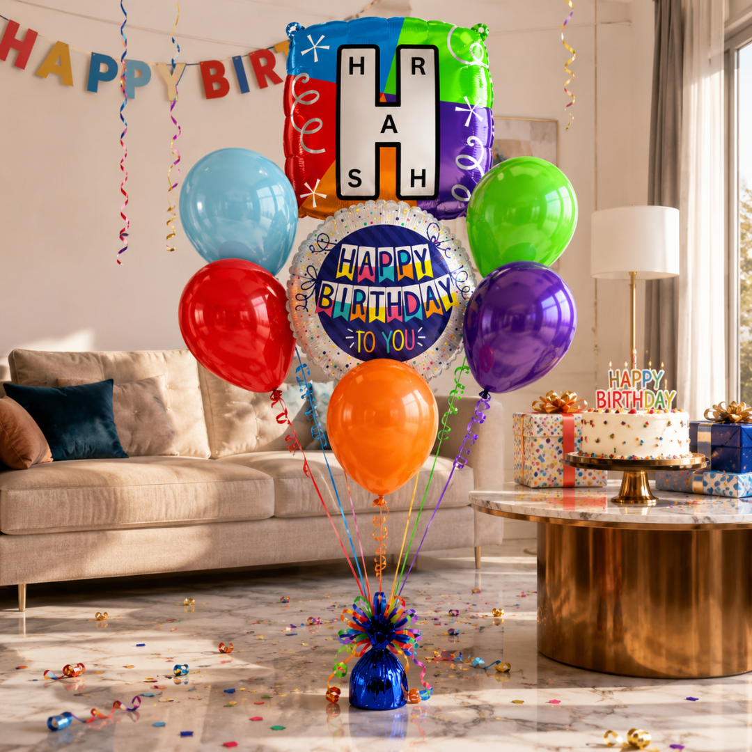 Customizable Alphabet "H" Square Shaped Balloon with Customized Name Stickers Bouquet Set of 7PC | Customizable Name Inital Balloons| Choose Your Name | Helium Filled & Delivers Inflated